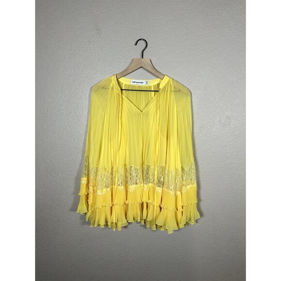 Self Portrait Bright Yellow Oversized Pleated Lace Neck Tie Blouse Size 0 - Picture 1 of 7